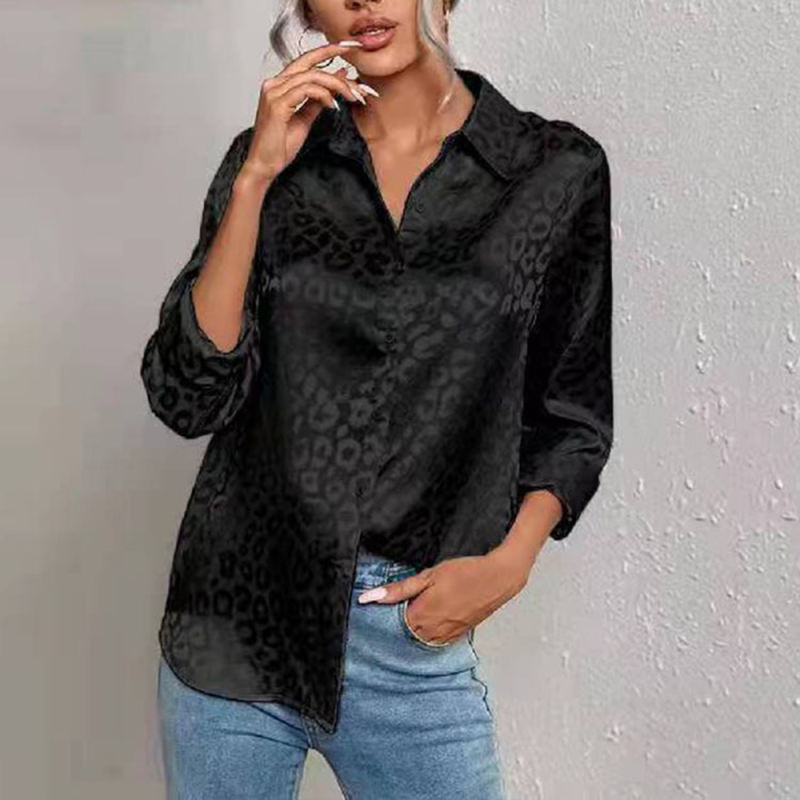 Black Leopard Print Satin Jacquard Shirt TQG220028-2