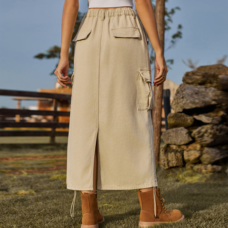 Khaki Drawstring Midi Skirt with Pocket TQH360094-21