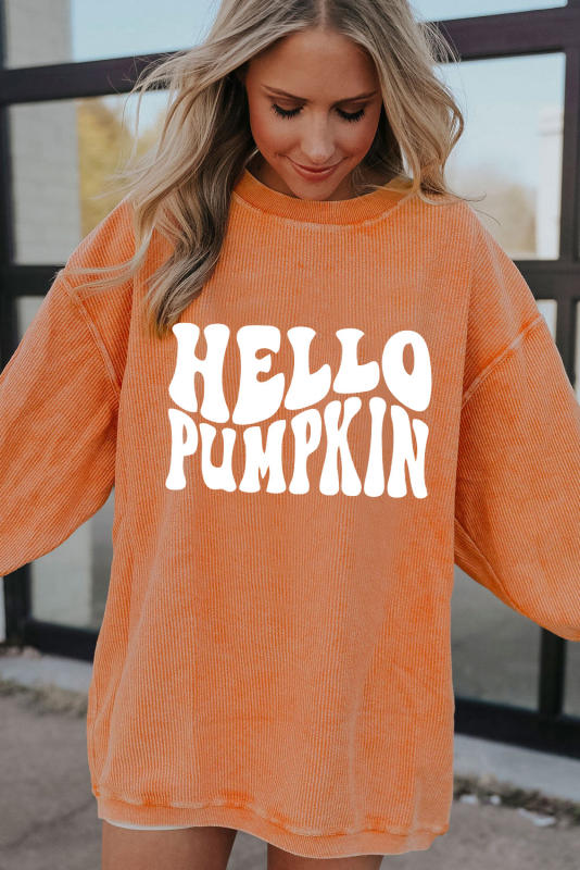 Orange HELLO PUMPKIN Letter Graphic Corded Sweatshirt LC25315299-2014