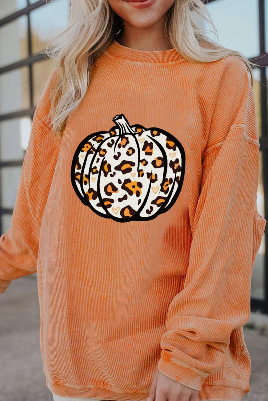 Orange Leopard Pumpkin Graphic Corded Sweatshirt LC25315151-2014