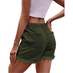 Army Green Drawstring Elastic Waist Denim Shorts TQH530086-27