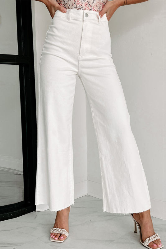 White Solid Raw Hem Wide Leg Crop Jeans LC7873886-1