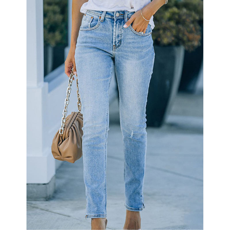 Light Blue Straight Leg Jeans with Slit