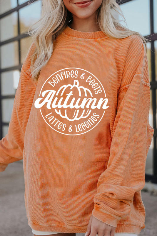 Orange Autumn Pumpkin Graphic Print Corded Oversized Sweatshirt  LC25314952-2014