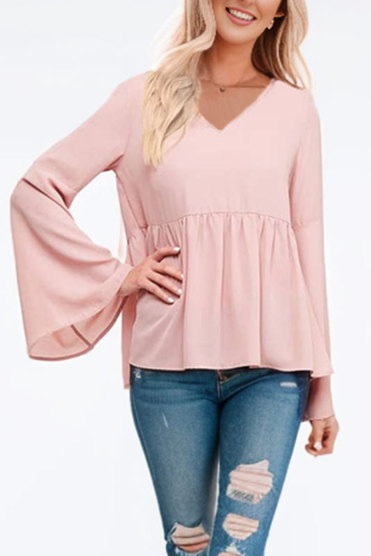 Pink V-Neck Bell Sleeve Back-Tie Ruffled Blouse  LC25121932-10