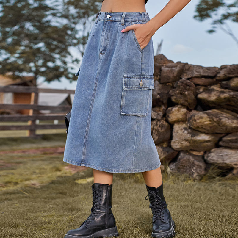 Blue Washed Denim Midi Skirt with Pockets