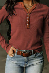 Brown Trimmed Neckline Waffle Knit Henley Top  LC25121882-17