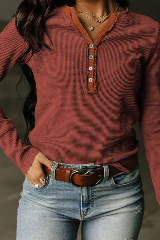 Brown Trimmed Neckline Waffle Knit Henley Top  LC25121882-17