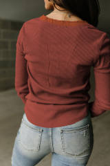 Brown Trimmed Neckline Waffle Knit Henley Top  LC25121882-17