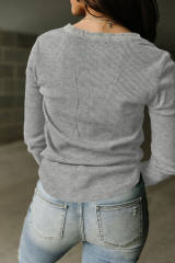 Gray Trimmed Neckline Waffle Knit Henley Top LC25121882-11