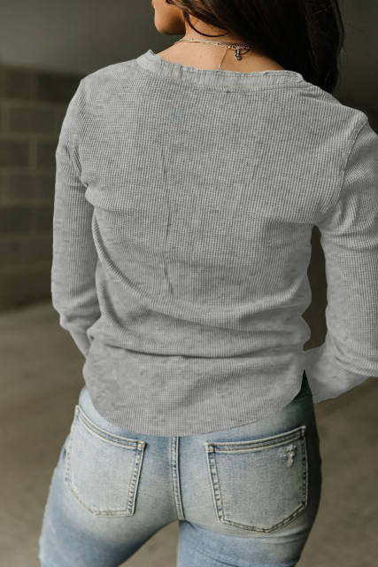Gray Trimmed Neckline Waffle Knit Henley Top LC25121882-11