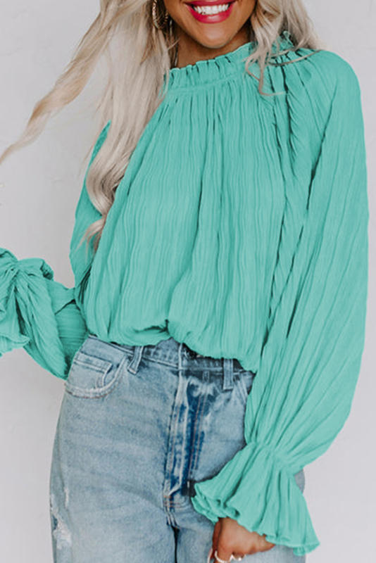 Green Striking Pleated Flared Cuff Long Sleeve Blouse LC25121763-9
