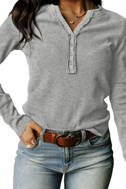 Gray Trimmed Neckline Waffle Knit Henley Top LC25121882-11