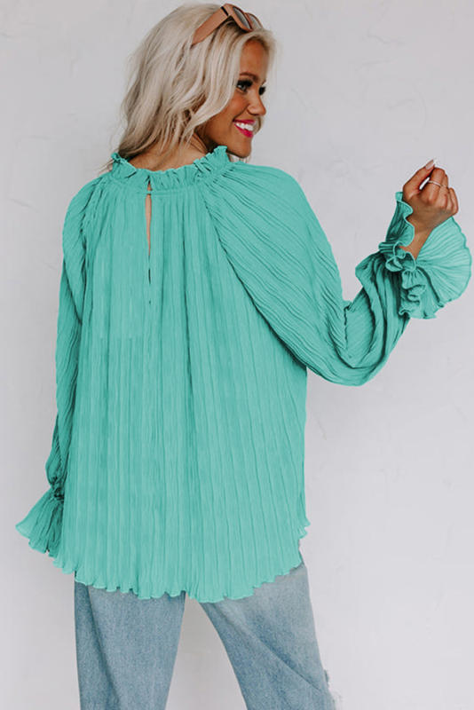 Green Striking Pleated Flared Cuff Long Sleeve Blouse LC25121763-9