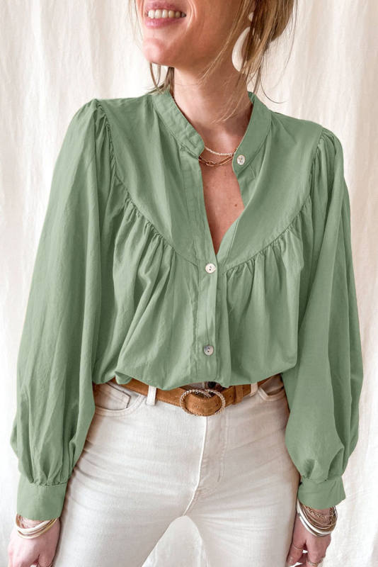 Green Yellow Puff Sleeve Pleated Loose Shirt LC2553807-9