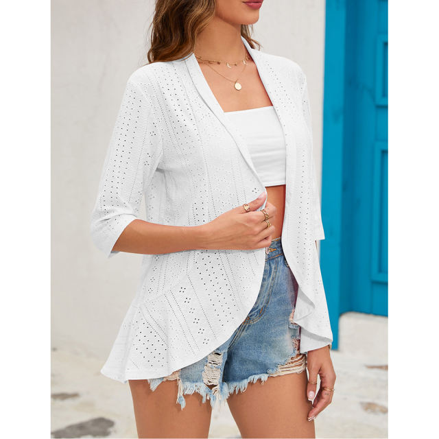 White 3/4 Sleeve Ruffle Hem Cardigan Top TQX210318-1