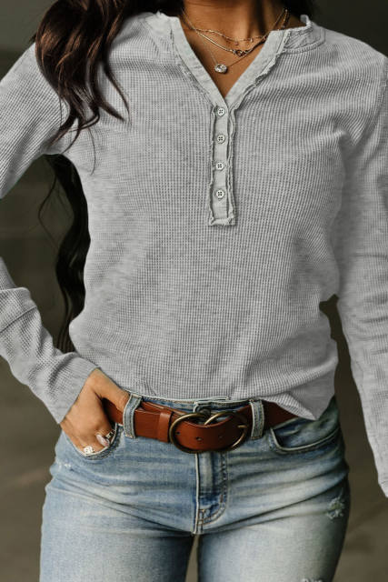 Gray Trimmed Neckline Waffle Knit Henley Top LC25121882-11