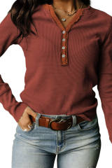 Brown Trimmed Neckline Waffle Knit Henley Top  LC25121882-17