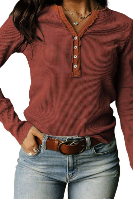 Brown Trimmed Neckline Waffle Knit Henley Top  LC25121882-17