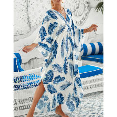 Blue White Print Long Kinimo Beachwear TQL310062-86