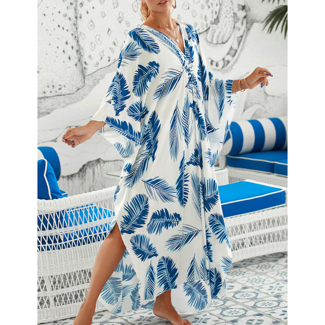 Blue White Print Long Kinimo Beachwear TQL310062-86