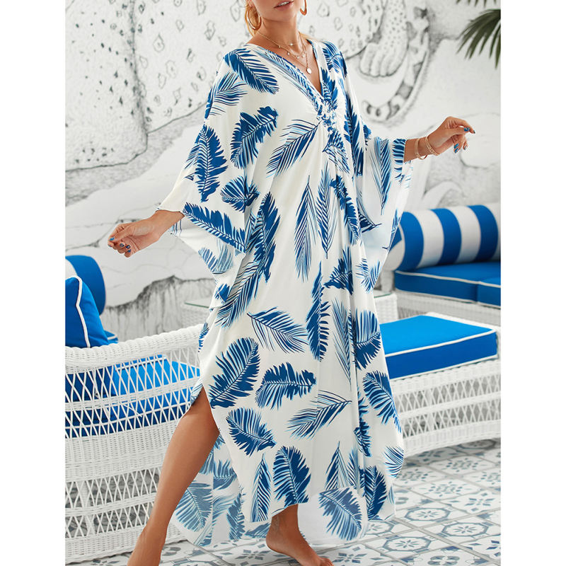 Blue White Print Long Kinimo Beachwear TQL310062-86