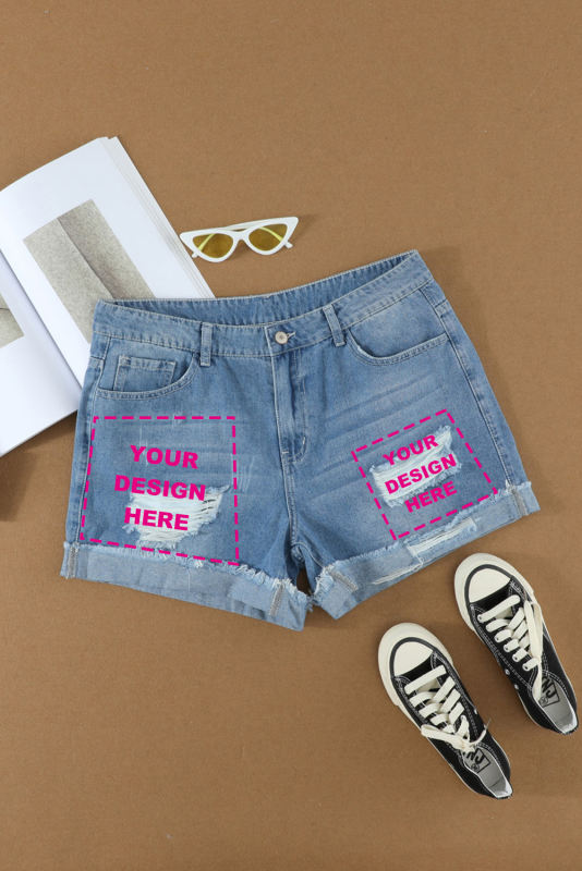 Blank Apparel - Distressed Ripped Rolled Hem Sky Blue Denim Shorts