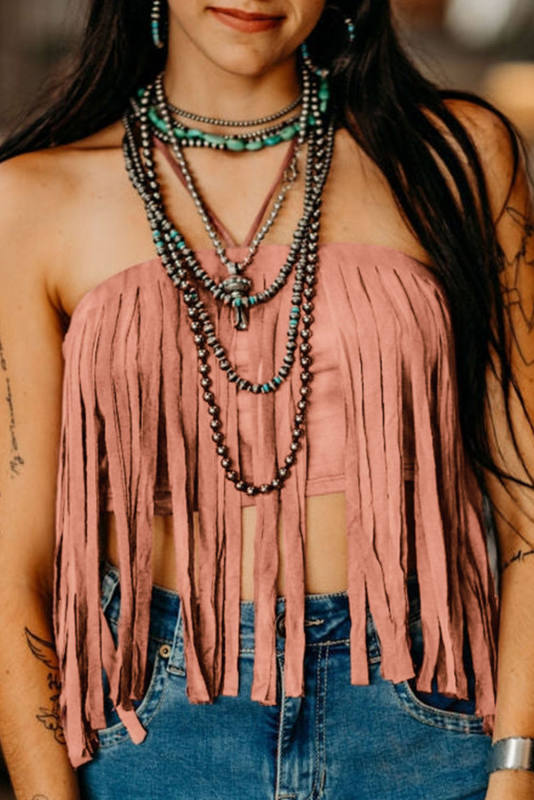 Pink Tassel Drawstring Bandeau Crop Tank Top LC2567900-10
