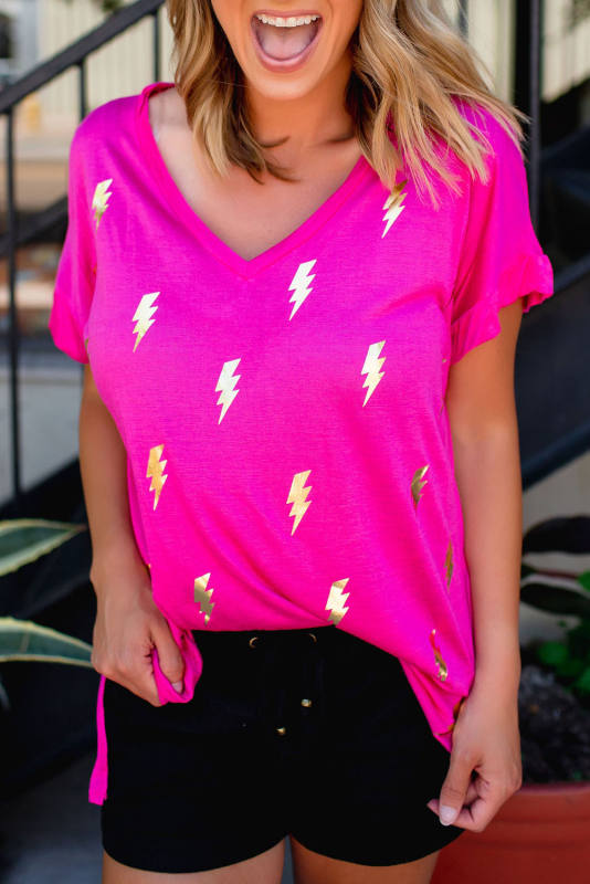 Rose Shiny Lightning Print V Neck Loose T Shirt LC25220437-6