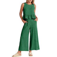 Light Green Sleeveless Pleated Tank and Wide Leg Pants set TQL710162-28