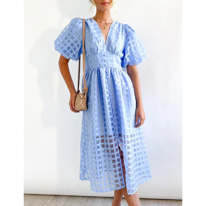 Light Blue V Neck Puff Sleeve Casual Party Dress TQG310045-30