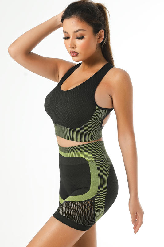 Green Textured U Neck Criss Cross Sports Bra LC264395-109