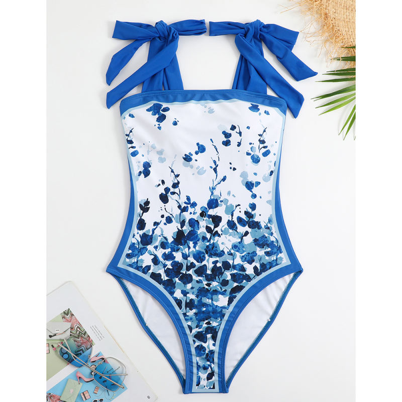 Blue Bow Knot Straps One Piece Swimsuit With Skirt Set TQX610037-5