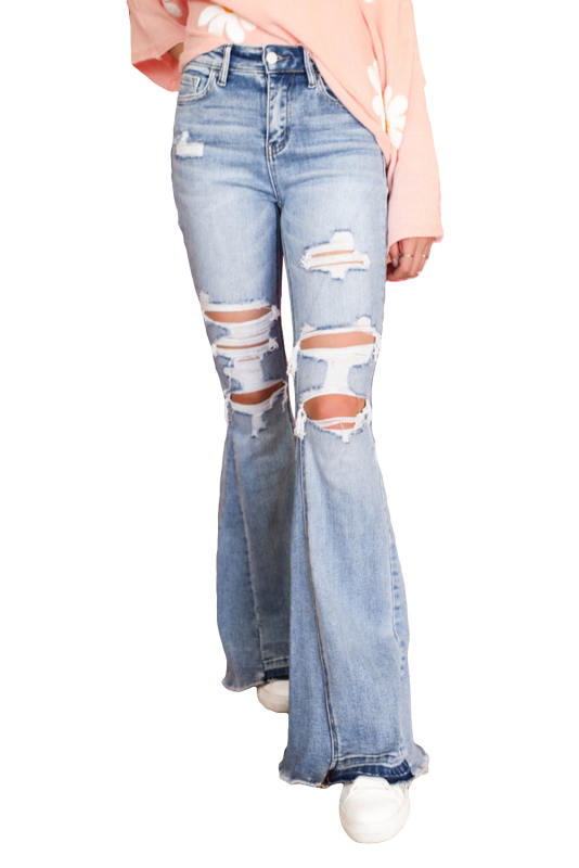 Sky Blue Light Wash Distressed High Rise Flare Jeans LC7873323-4
