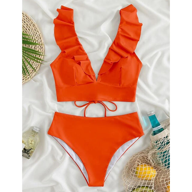 Orange Ruffle Sleevelss Drawstring Bikinis Set TQX610040-14