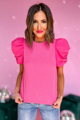 Rose Ribbed Puff Short Sleeve Top LC25220164-6