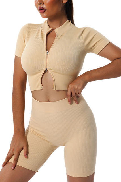Khaki Zipped Front Short Sleeve Sports Crop Top LC264375-16
