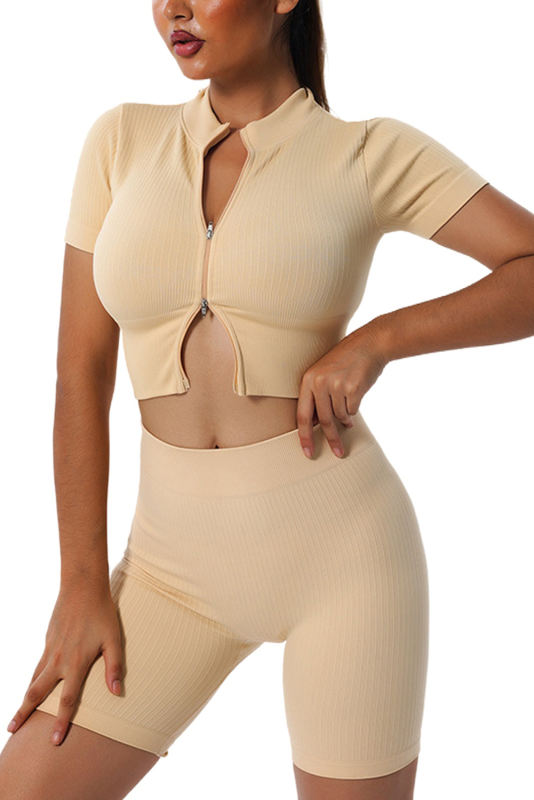 Khaki Zipped Front Short Sleeve Sports Crop Top LC264375-16