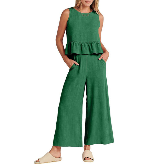 Light Green Sleeveless Pleated Tank and Wide Leg Pants set TQL710162-28