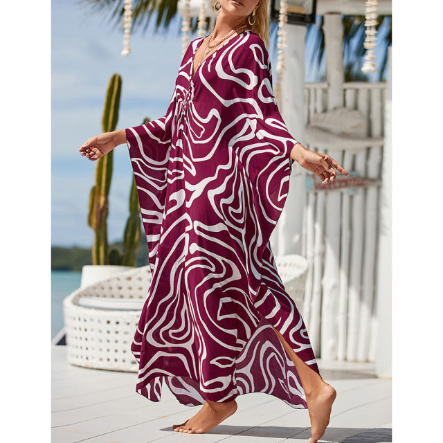 Purplish Red Print Long Kinimo Beachwear TQL310062-32