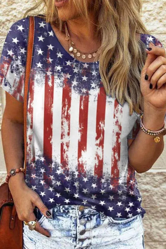 Red American Flag Inspired Bleached Print Short Sleeve Tee LC25221454-3