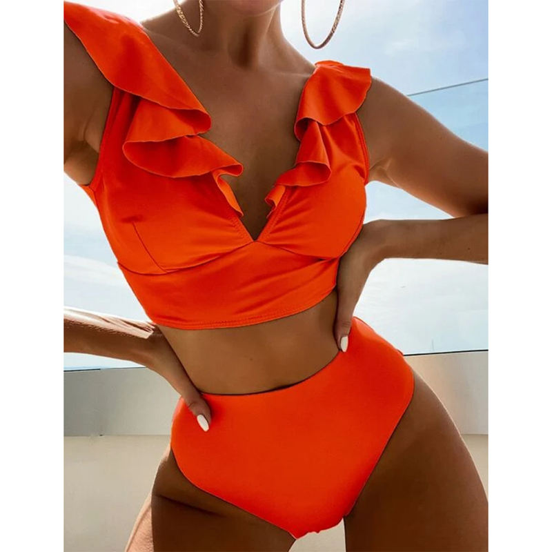 Orange Ruffle Sleevelss Drawstring Bikinis Set TQX610040-14