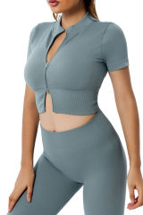 Sky Blue Zipped Front Short Sleeve Sports Crop Top LC264375-4
