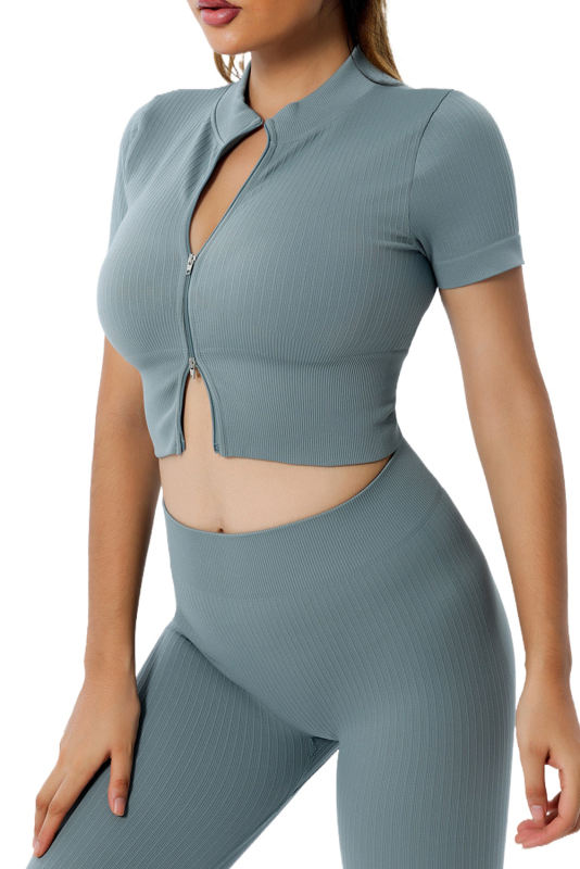 Sky Blue Zipped Front Short Sleeve Sports Crop Top LC264375-4