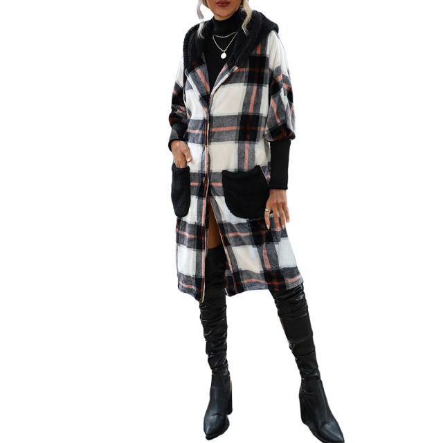 Striped Spliced Plaid Plush Hooded Ferret Coat TQK280241-37