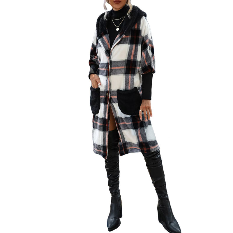 Striped Spliced Plaid Plush Hooded Ferret Coat TQK280241-37
