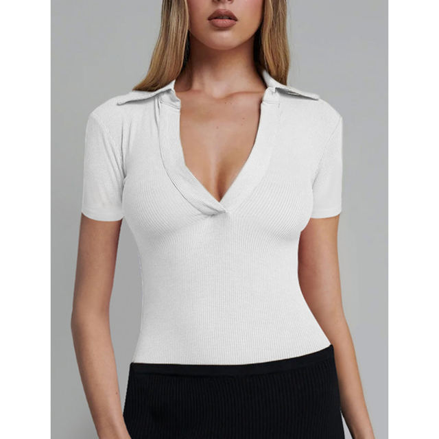 White Ribbed Deep V Neck Short Sleeve Bodysuit TQL550085-1