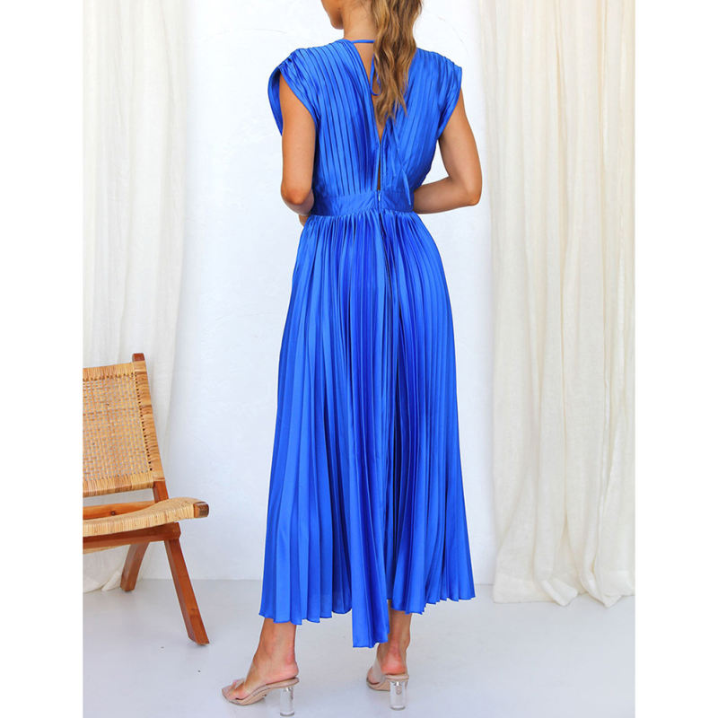 Blue All-over Pleated V Neck Zip Midi Dress TQG310044-5