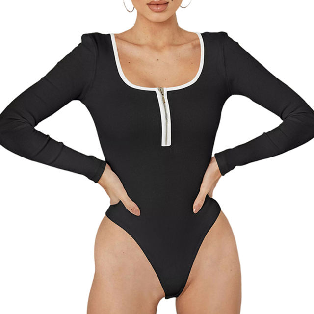 Black Ribbed Zipper Long Sleeve Bodysuit TQV220165-2