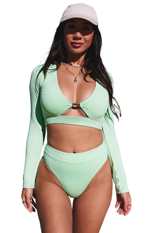 Green Long Sleeve Cutout Bikini High Waist Swimsuit LC433637-9